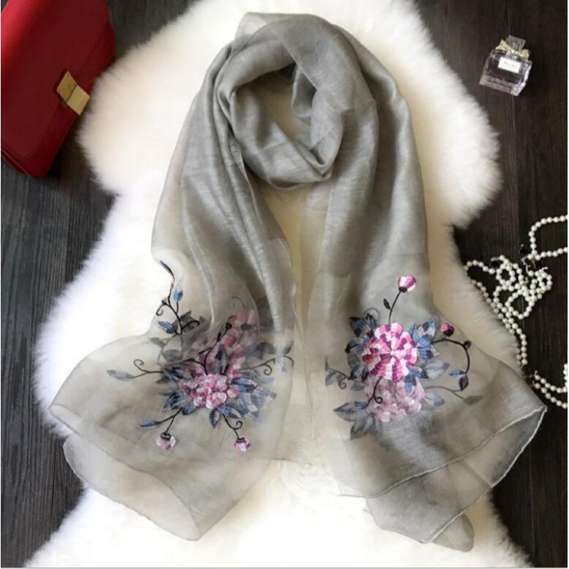 Wool Silk Scaves Black Embroidery Women Summer Scarf